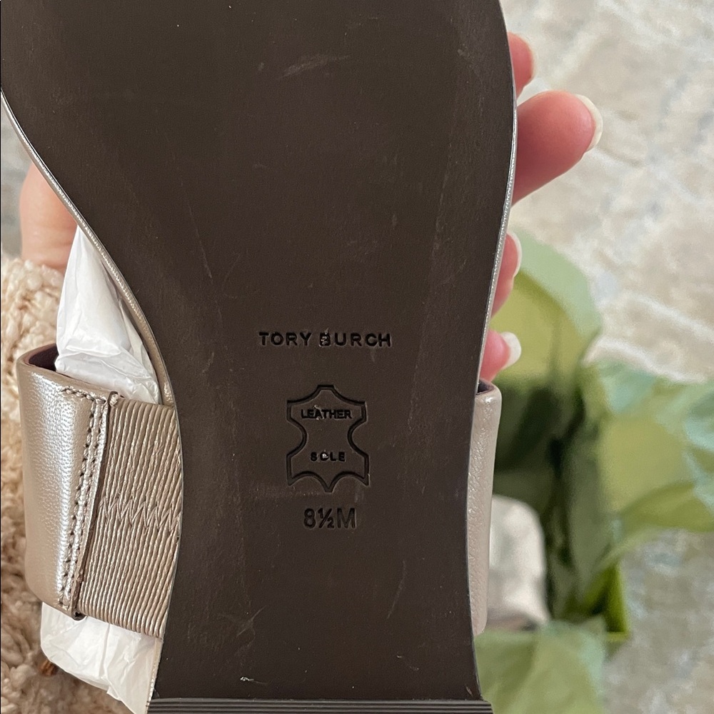 Tory Burch Taupe Georgia Slide Sandals with Gold Emblem - Picture 8 of 11
